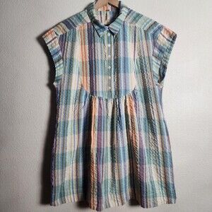 Free People Dress Womens Small Multicolor Plaid Seersucker Shirt Swing Tunic